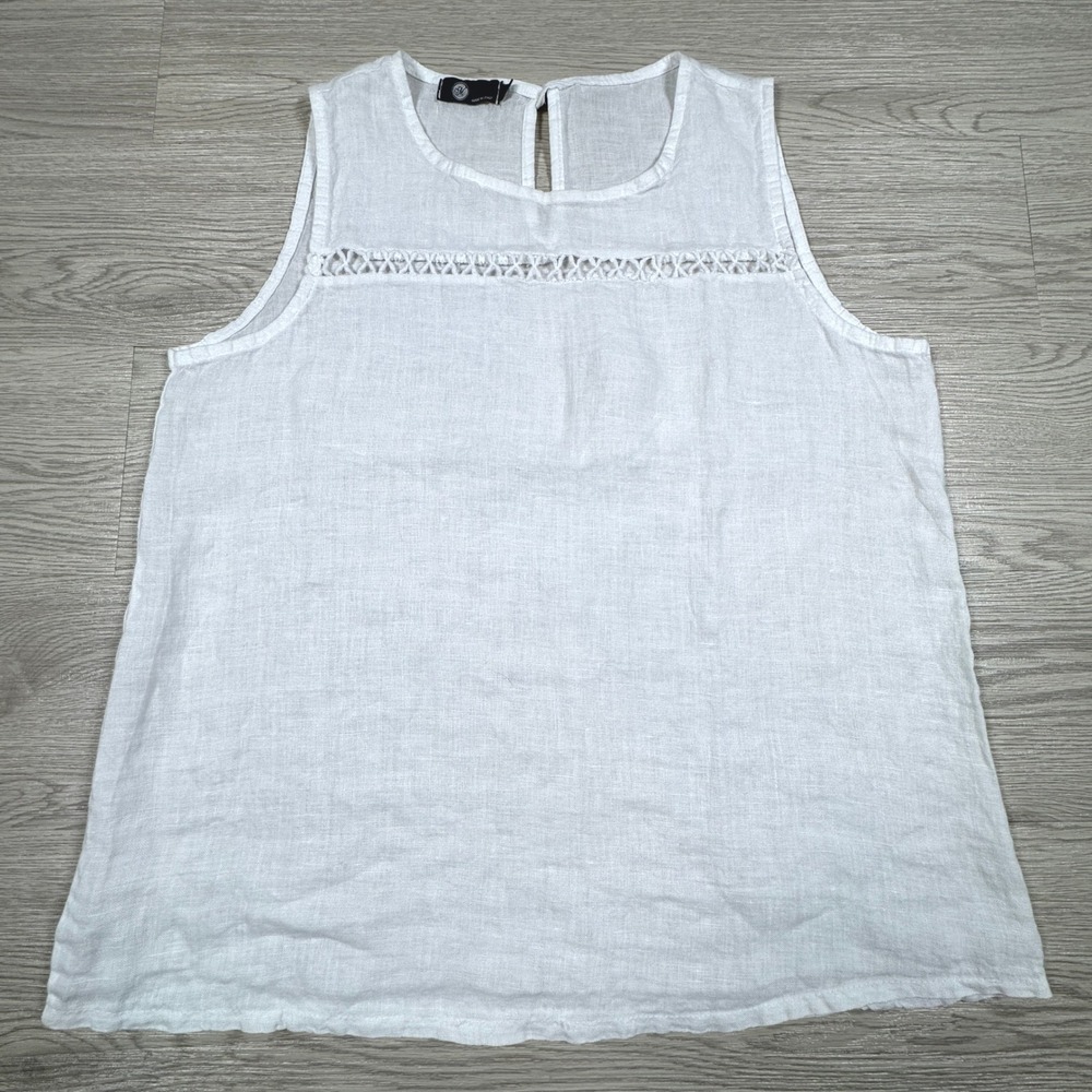 M Women Tank Top White Small Linen Crochet Lace Detail Made in Italy Sleeveless
